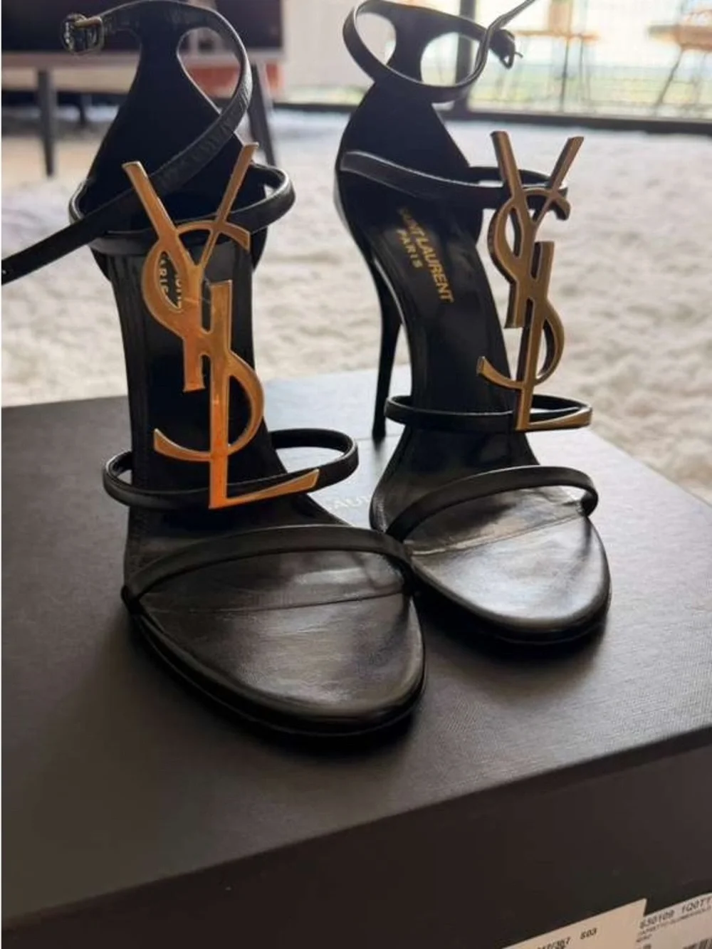 Saint Laurent Black Leather Sandals with Gold YSL Monogram - Picture 4 of 5